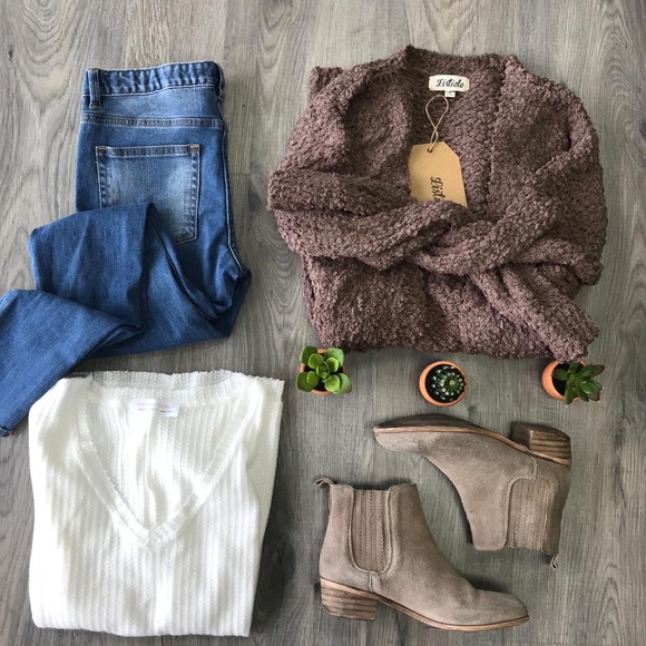 Sweaters - Popcorn Knit Chunky Open Cardigan Mocha Brown